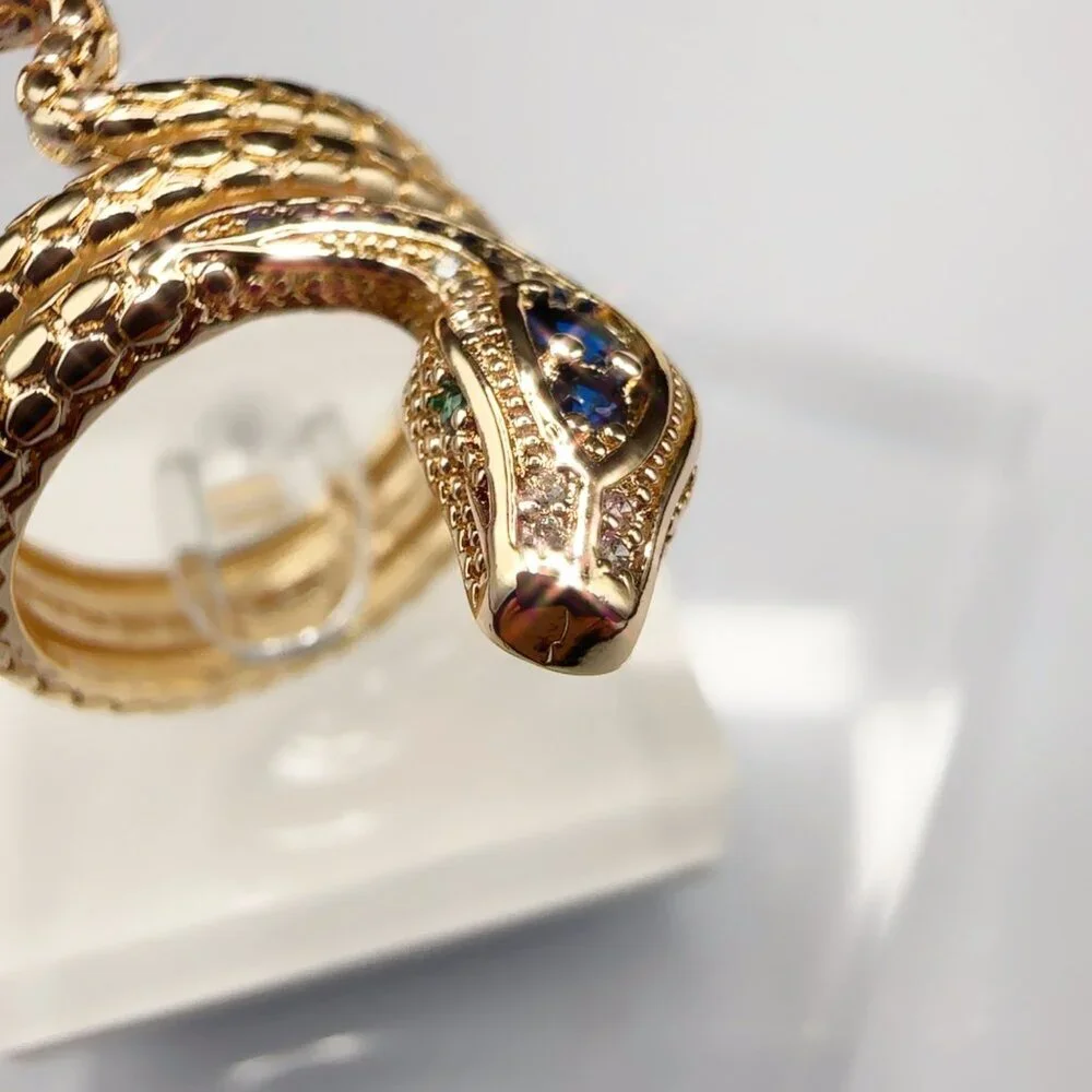Gold Snake Ring With Blue & Clear Stones Serpent Design size 7 - Picture 3 of 8